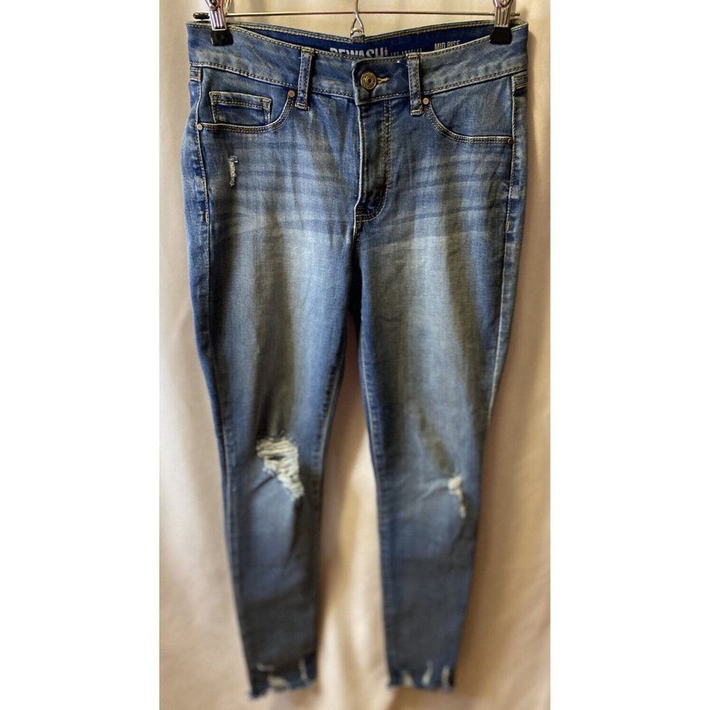 ReWash Womens Size 3 26X28 Distressed Straight Jeans Raw Hem Stretch Medium Wash